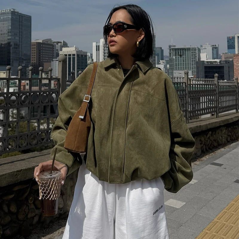 Women's Faux Suede Lapel Bomber