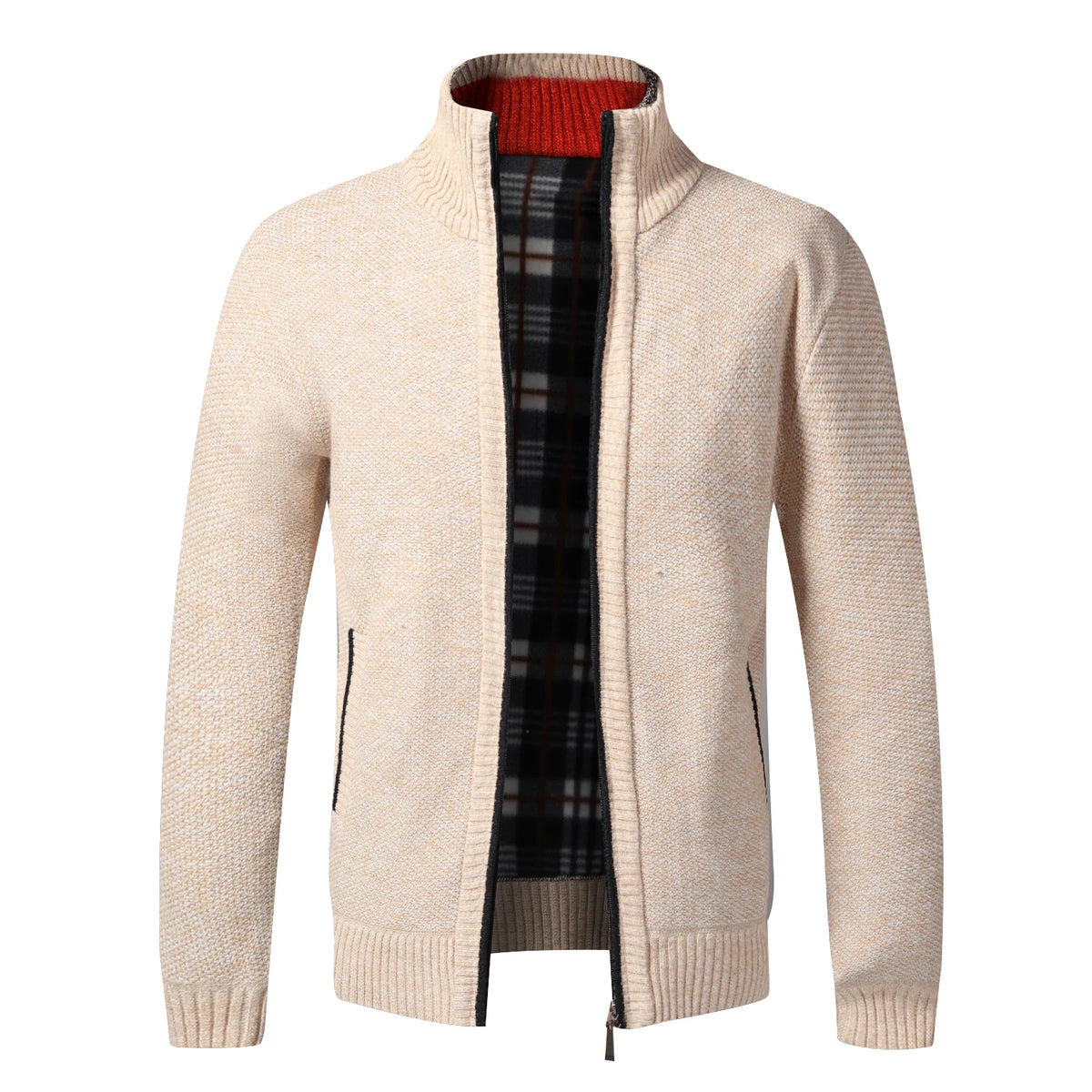 Men's Fleece-Lined Full-Zip Cardigan - Cardigan01 Beige
