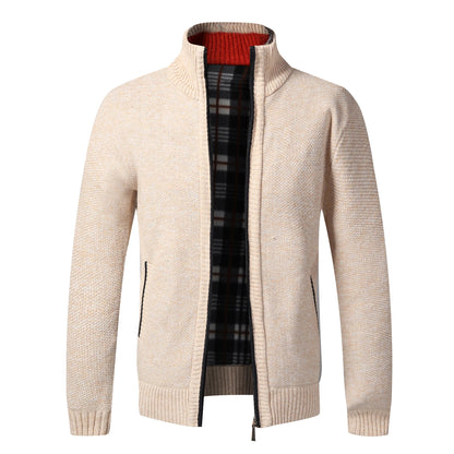 Men's Fleece-Lined Full-Zip Cardigan - Cardigan01 Beige