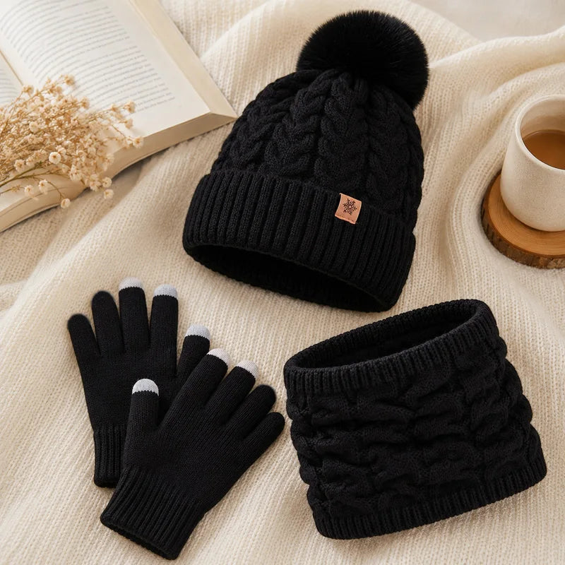 Women's Knit Hat, Scarf & Gloves Set - Black