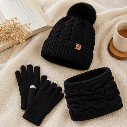Women's Knit Hat, Scarf & Gloves Set - Black
