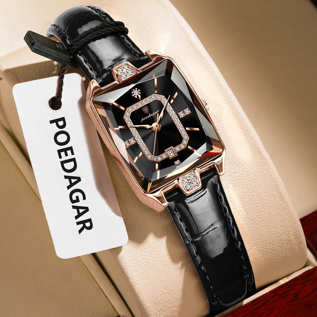 POEDAGAR Rectangle Women's Watch Rose Gold - Black
