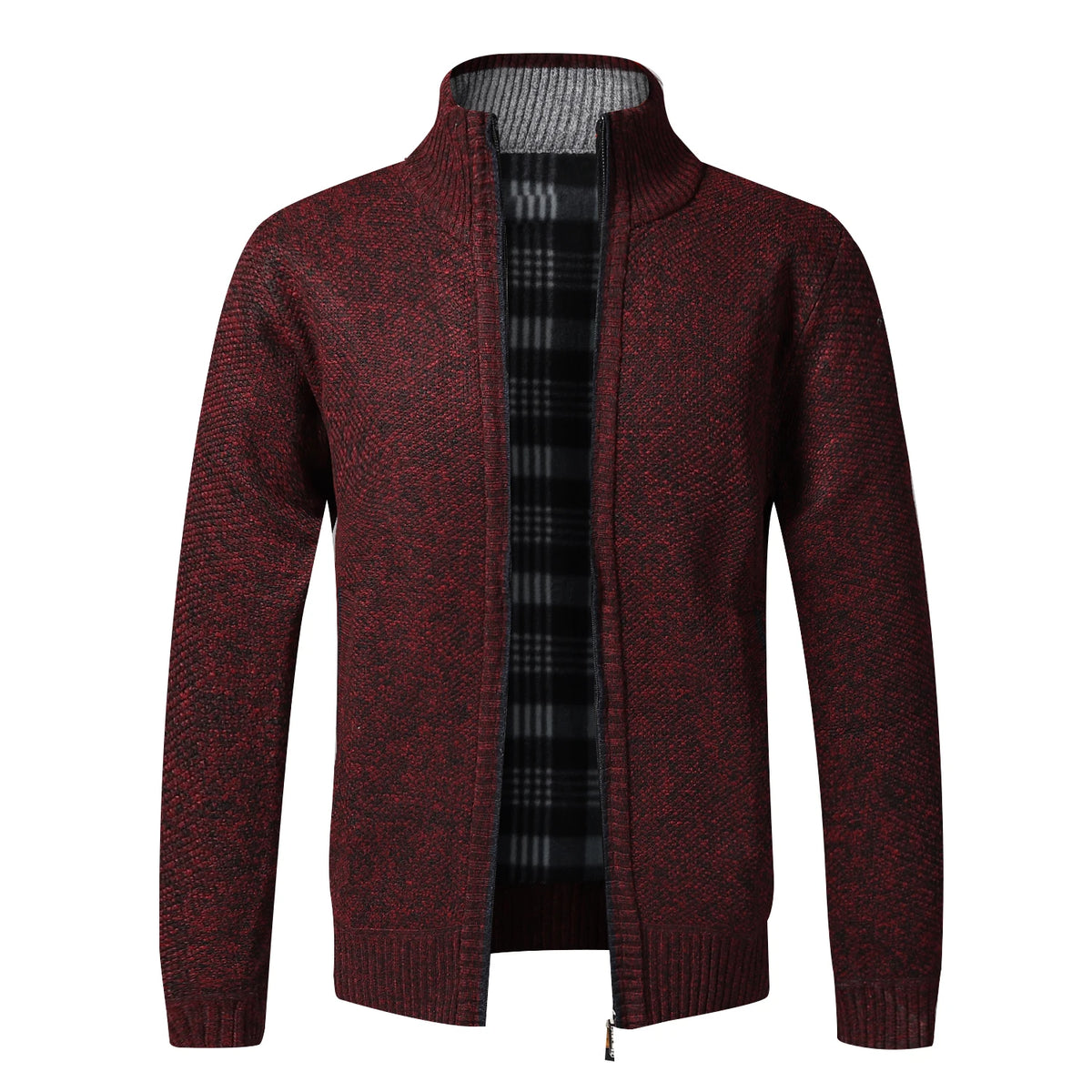 Men's Fleece-Lined Full-Zip Cardigan - Cardigan01 Wine Red