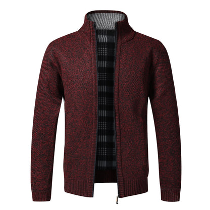 Men's Fleece-Lined Full-Zip Cardigan - Cardigan01 Wine Red
