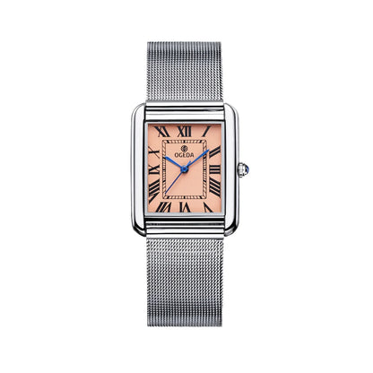 OGEDA Rectangle Quartz Watch Square Dial - Pink Dial, Steel Mesh