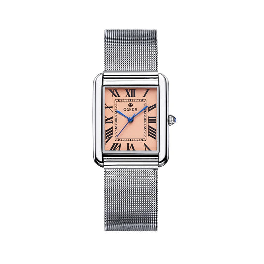 OGEDA Rectangle Quartz Watch Square Dial - Pink Dial, Steel Mesh