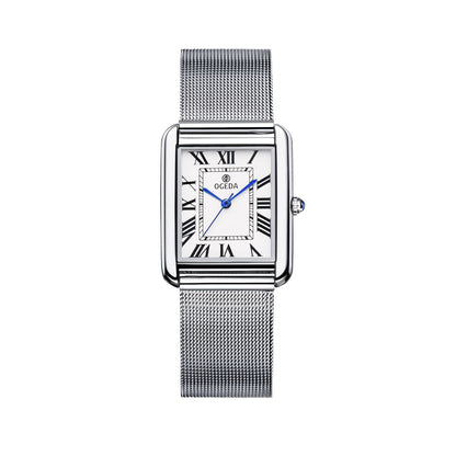 OGEDA Rectangle Quartz Watch Square Dial - White Dial, Steel Mesh