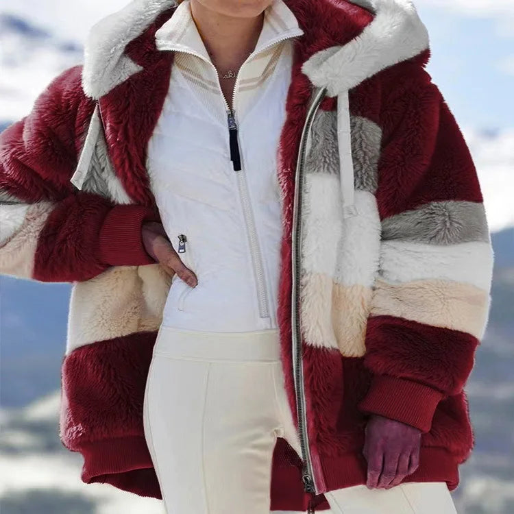 Women's Oversized Plush Hooded Jacket - Burgundy