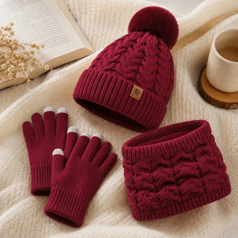 Women's Knit Hat, Scarf & Gloves Set - Red