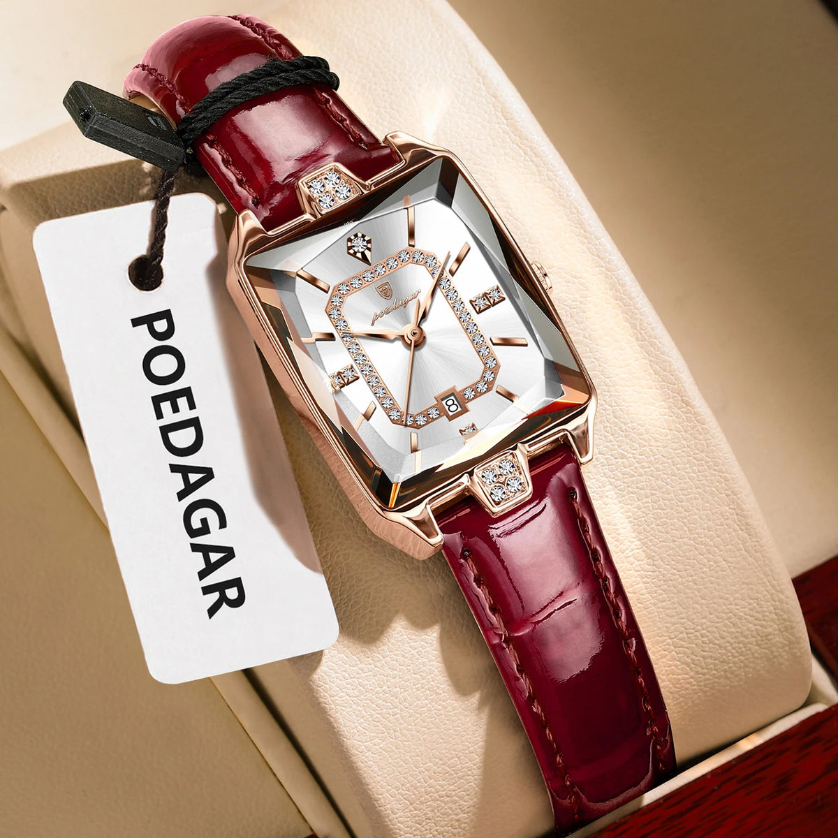 POEDAGAR Rectangle Women's Watch Rose Gold - White