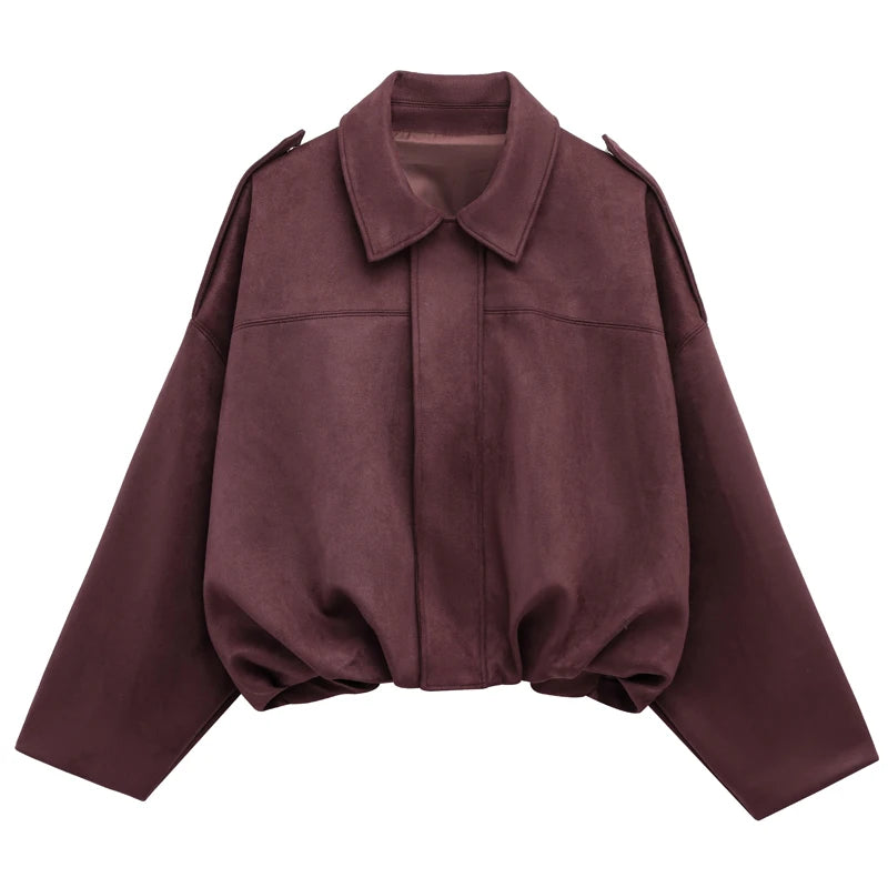 Women's Faux Suede Lapel Bomber - L
