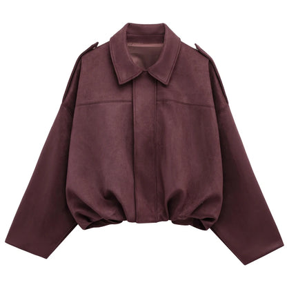 Women's Faux Suede Lapel Bomber - L