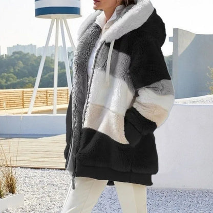 Women's Oversized Plush Hooded Jacket - Black