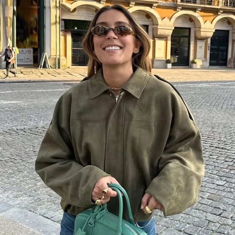 Women's Faux Suede Lapel Bomber