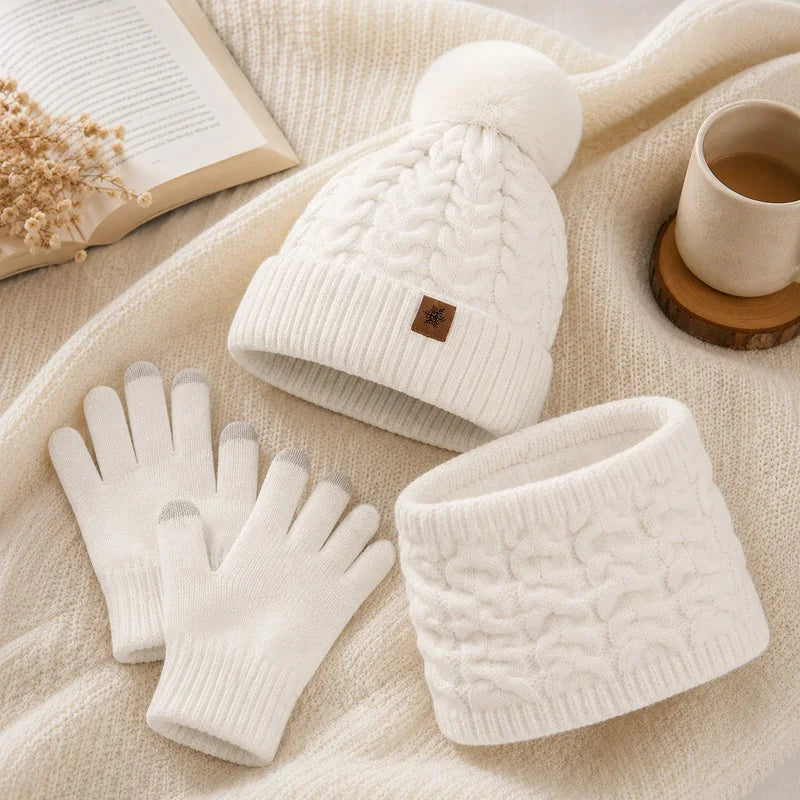 Women's Knit Hat, Scarf & Gloves Set - White