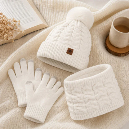 Women's Knit Hat, Scarf & Gloves Set - White