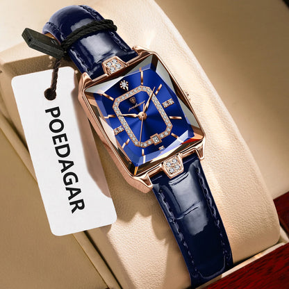 POEDAGAR Rectangle Women's Watch Rose Gold - Blue