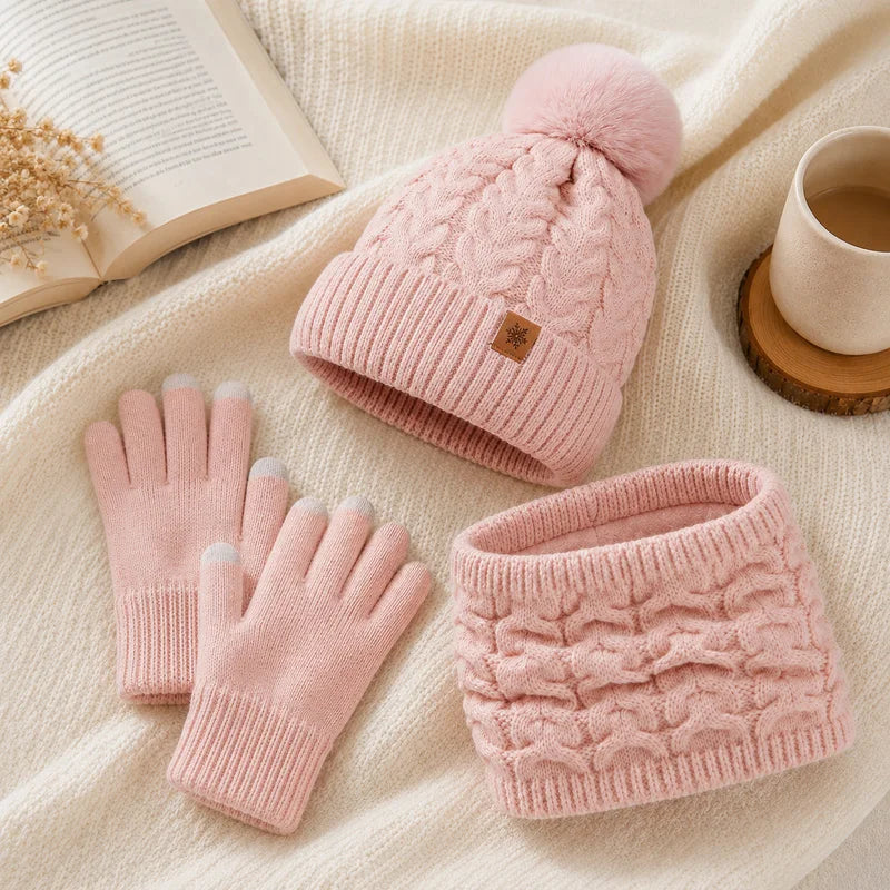 Women's Knit Hat, Scarf & Gloves Set - Pink