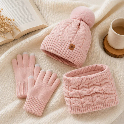 Women's Knit Hat, Scarf & Gloves Set - Pink