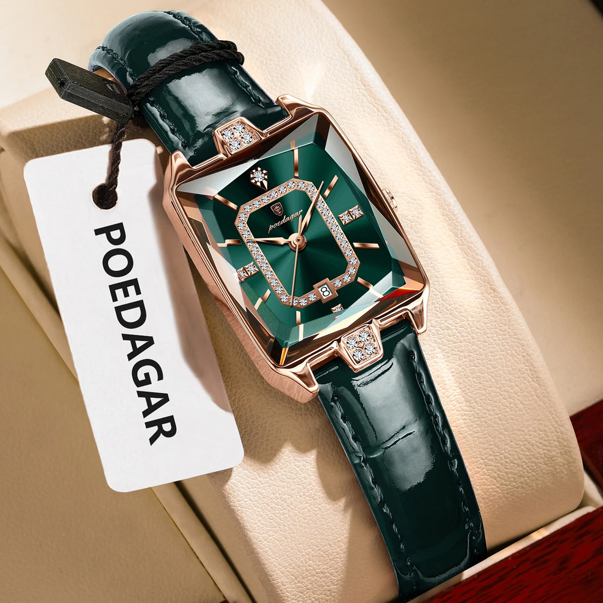 POEDAGAR Rectangle Women's Watch Rose Gold - Green