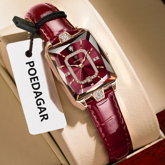 POEDAGAR Rectangle Women's Watch Rose Gold - Red