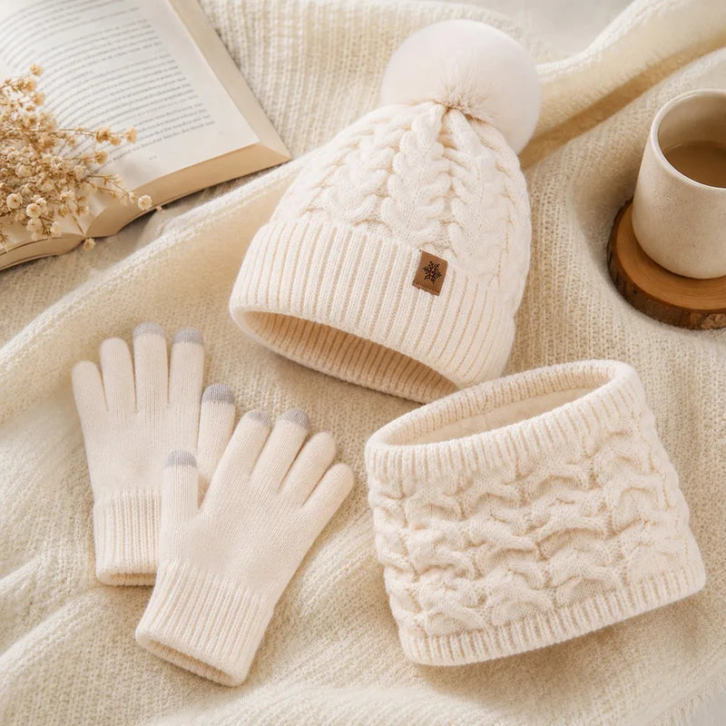 Women's Knit Hat, Scarf & Gloves Set - Beige