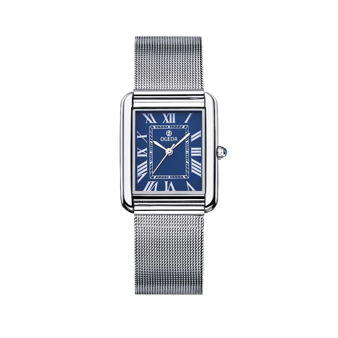 OGEDA Rectangle Quartz Watch Square Dial - Blue Dial, Steel Mesh