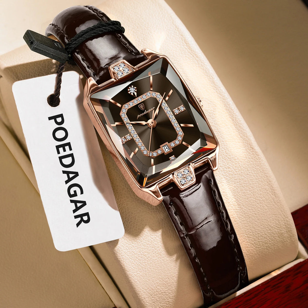 POEDAGAR Rectangle Women's Watch Rose Gold - Brown