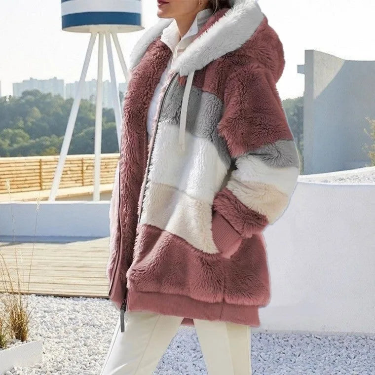 Women's Oversized Plush Hooded Jacket - Pink