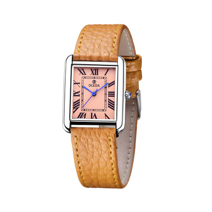 OGEDA Rectangle Quartz Watch Square Dial - Salmon Dial, Tan Leather