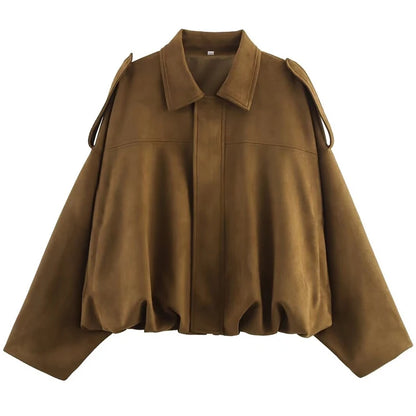Women's Faux Suede Bomber Jacket - Darkbrown