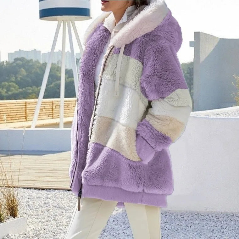 Women's Oversized Plush Hooded Jacket - Purple