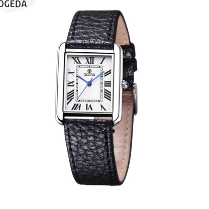 OGEDA Rectangle Quartz Watch - White Dial, Black Leather