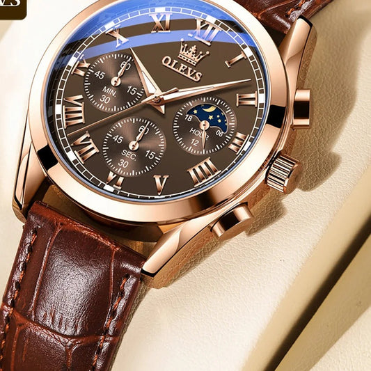 OLEVS 2871 Men's Moon Phase Chronograph Watch - Rose Gold, Brown Dial