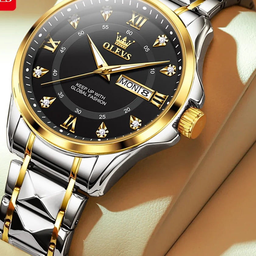 OLEVS 2906 Roman Numeral Bracelet Watch - Men's Two-Tone, Black Dial