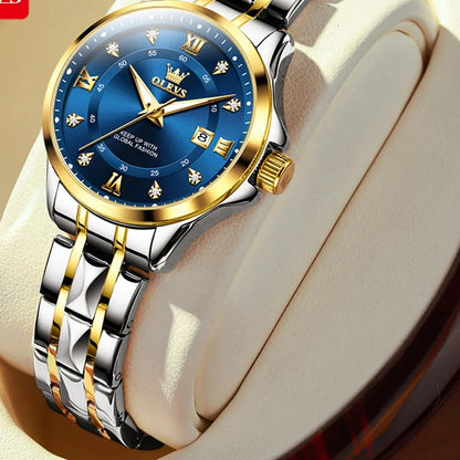 OLEVS 2906 Roman Numeral Bracelet Watch - Women's Two-Tone, Blue Dial