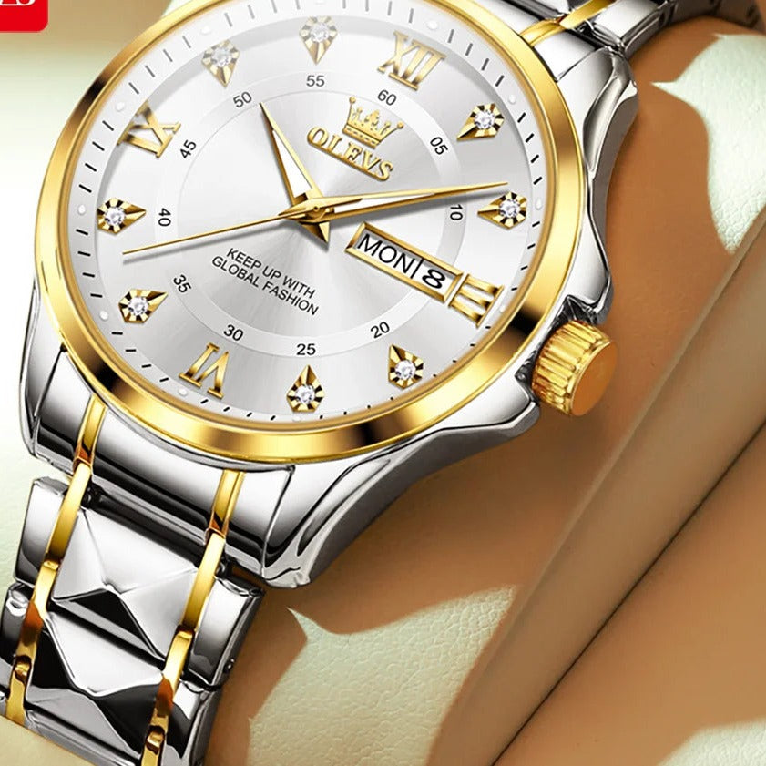 OLEVS 2906 Roman Numeral Bracelet Watch - Men's Two-Tone, White Dial