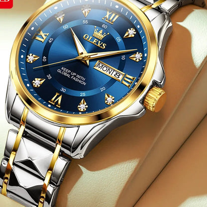 OLEVS 2906 Roman Numeral Bracelet Watch - Men's Two-Tone, Blue Dial