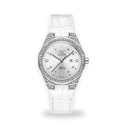 OLEVS 5606 Women's Crystal Bezel Watch - White Strap, Silver Dial