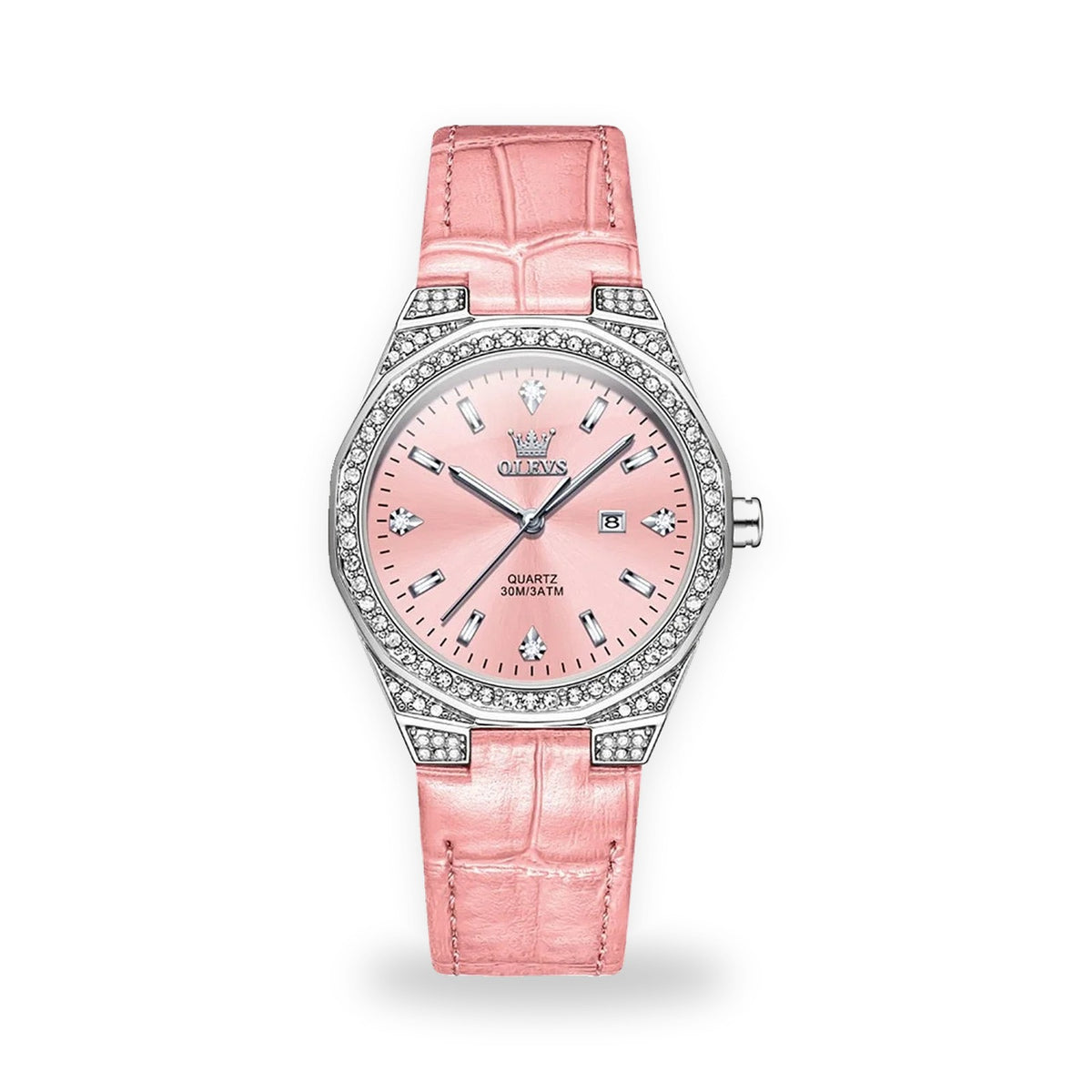 OLEVS 5606 Women's Crystal Bezel Watch - Pink