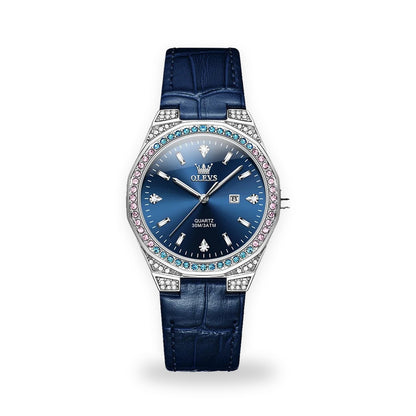 OLEVS 5606 Women's Crystal Bezel Watch - Blue