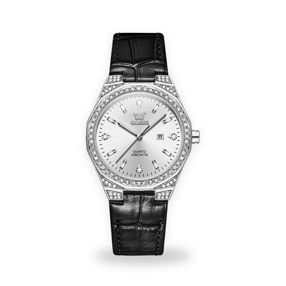 OLEVS 5606 Women's Crystal Bezel Watch - Black Strap, Silver Dial