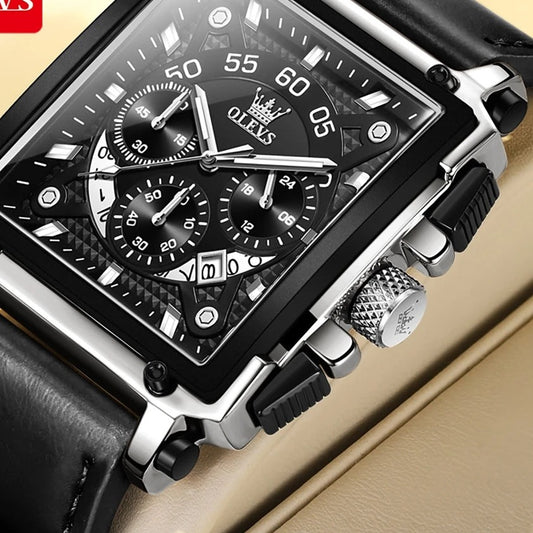 OLEVS 9919 Men's Square Chronograph Watch - Silver, Black Dial