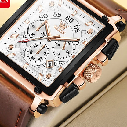 OLEVS 9919 Men's Square Chronograph Watch - Rose Gold, White Dial