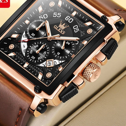 OLEVS 9919 Men's Square Chronograph Watch - Rose Gold, Black Dial