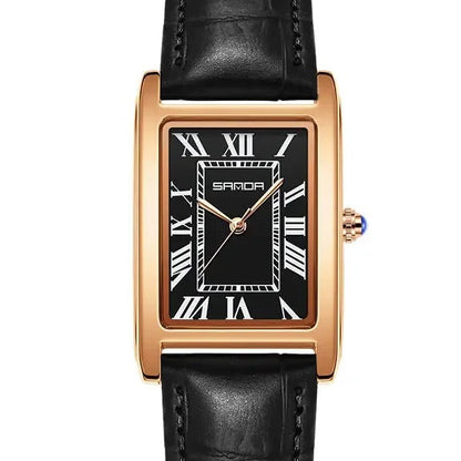 SANDA Vintage Leather Strap Watch - Men's Rose Gold, Black Dial