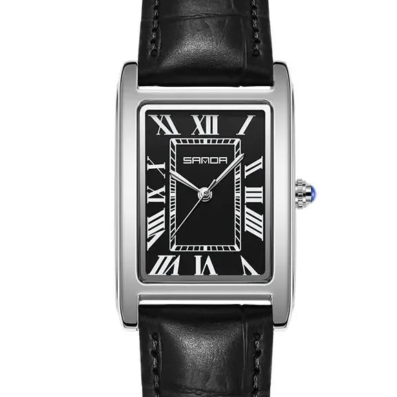 SANDA Vintage Leather Strap Watch - Men's Silver, Black Dial