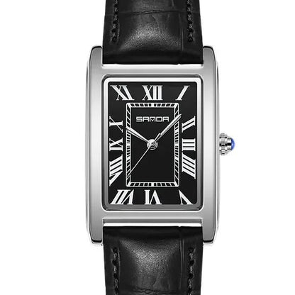 SANDA Vintage Leather Strap Watch - Men's Silver, Black Dial