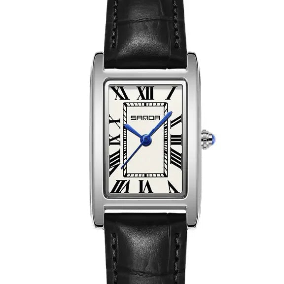 SANDA Vintage Leather Strap Watch - Women's Silver, White Dial