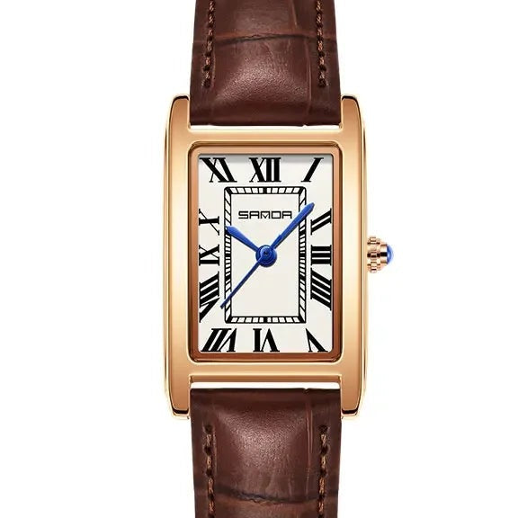 SANDA Vintage Leather Strap Watch - Women's Rose Gold, Brown Strap